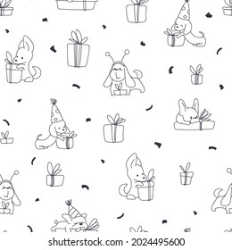 Sweet happy dogs. Seamless pattern for fabric, paper, wrapping, clothing, textile, wallpaper. Christmas.