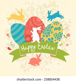 Sweet happy easter card in vector  Lovely rabbits and bright holiday eggs in spring flowers