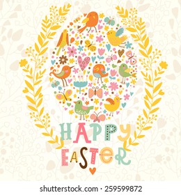 Tarjeta de concepto Sweet Happy Easter. Luminoso fondo de vacaciones hecho de flores, pájaros, corazones y mariposas en estilo de dibujos animados en vector. Elegante tarjeta floral