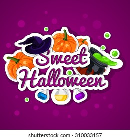 Sweet, happy Halloween poster, postcard. The holiday, pumpkins, witches cauldron, potion, bottles, chemical reaction, magic. Banner or background for Halloween Party Night.