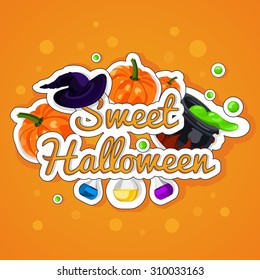 Sweet, happy Halloween poster, postcard. The holiday, pumpkins, witches cauldron, potion, bottles, chemical reaction, magic. Banner or background for Halloween Party Night.