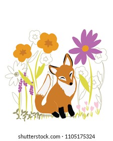 sweet, happy illustration of a fox and flowers