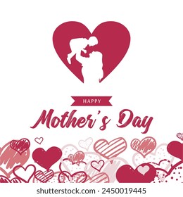 Sweet happy mother's day greeting card with mom and boy silhouette and love doodles. selamat hari ibu means happy mother's day. vector illustration