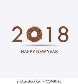 Sweet Happy New Year 2018, fun typography design with dessert donut cake food numbers.
