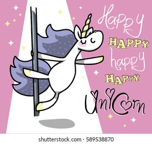 sweet happy unicorn does pole dance on a colored background