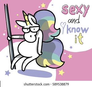 sweet happy unicorn does pole dance on a colored background