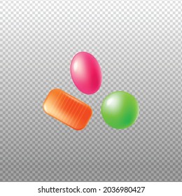 Sweet hard candy set - realistic assorted sugar candies in different shapes and colors isolated on transparent background. Vector illustration of dessert snacks.