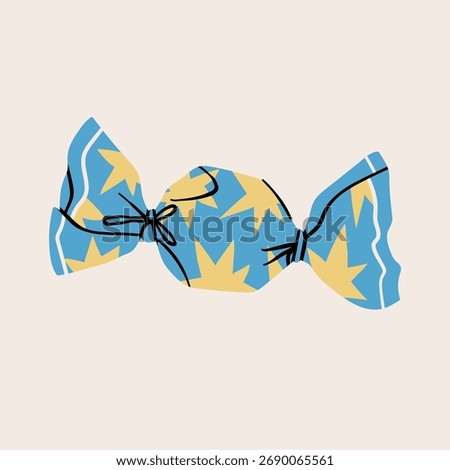 Sweet hard, jelly candy in plastic wrapper. Blue wrapping with stars. Hand drawn trendy Vector illustration. Sugar snack, confectionery concept. Isolated design element. Logo, print, sticker template