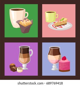 Sweet hazelnut muffins delicious cake coffee cup morning bakery dessert pastry fresh drink cappuccino vector illustration