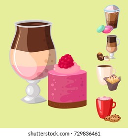 Sweet hazelnut muffins delicious cake coffee cup morning bakery dessert pastry fresh drink cappuccino vector illustration