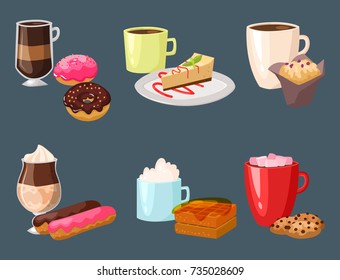 Sweet hazelnut muffins delicious cake coffee cup morning bakery dessert pastry fresh drink cappuccino vector illustration