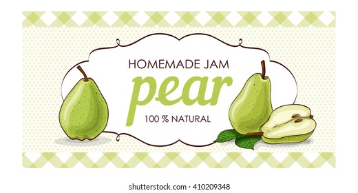 Sweet and healthy homemade green pear  jam marmalade paper label vector illustration