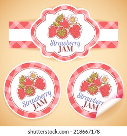 Sweet and healthy homemade strawberry jam paper label set isolated vector illustration