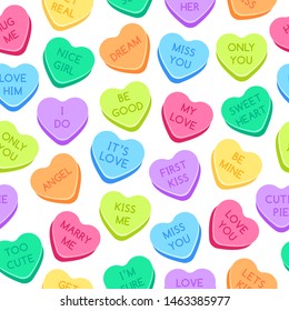 Sweet heart candies pattern. Colorful valentines hearts, love conversation candies and sweetheart candy. Kiss me or marry me candy, romantic gift wrapping or greeting card seamless vector illustration