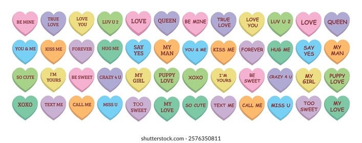 Sweet heart candy. Conversation sweets. Set of colorful сonversation hearts with different saying for Valentine's Day. Sweetheart candies. Sweet heart candy isolated on white background