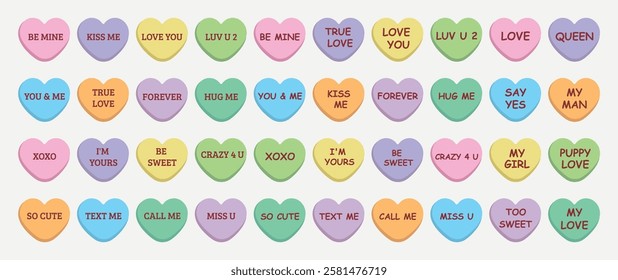 Sweet heart candy. Conversation sweets. Set of colorful сonversation hearts with different saying for Valentine's Day. Sweetheart candies. Sweet heart candy isolated on white background	
