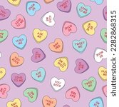 Sweet heart candy seamless pattern. Cute weetheart candies for valentines day