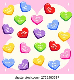  Dulce corazón Ilustración vectorial de caramelo, Caramelos coloridos del corazón de la conversación para los mensajes del amor del día de San Valentín
