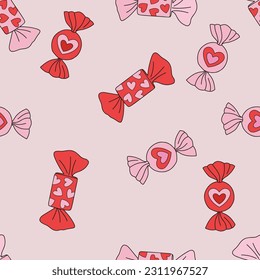 Sweet heart candy vector seamless pattern. Romantic Valentines Day treats background.