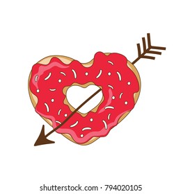 Sweet heart from a donut with an arrow. Red heart vector illustration

