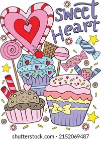 Sweet Heart font with cupcake and candy elements. Hand-drawn with inspiration word. Doodles art for Valentine's day. Coloring for adults and kids. Vector Illustration.