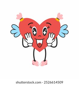 sweet heart of groove with emotion of delight. Retro sticker for Valentine Day on February 14th. cute character for birthday greetings.