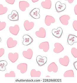 Sweet heart pink candy seamless pattern. Cute weetheart candies for valentines day