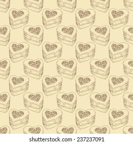 Sweet heart, seamless pattern with heart-shaped cakes.