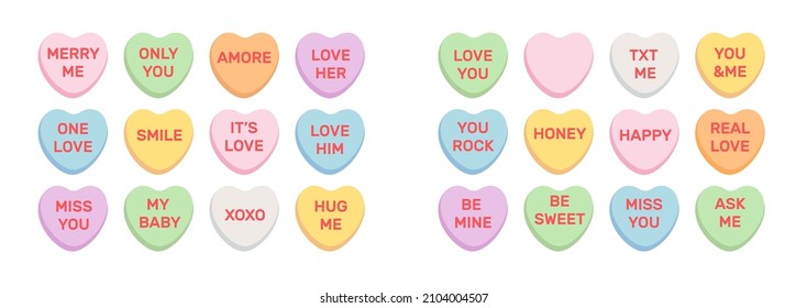 Sweet heart shape candy. Conversation sweets for valentines day isolated on white background. Valentine sweetheart candies with text.