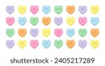 Sweet heart shape candy set. Valentines day concept. Isolated on white background. Different color bundle. Conversation, Love text. Romantic colorful element collection. Flat vector illustration.