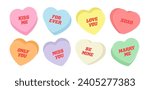 Sweet heart shape candy set. Valentines day concept. Isolated on white background. Different color bundle. Conversation, Love text. Romantic colorful element collection. Flat vector illustration.