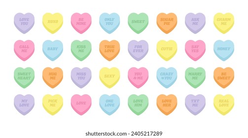 Sweet heart shape candy set. Valentines day concept. Isolated on white background. Different color bundle. Conversation, Love text. Romantic colorful element collection. Flat vector illustration.