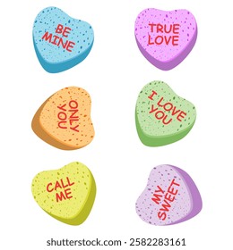 Sweet Heart Shape Candy Set. Isolated On White Background. Different Color Bundle. Conversation, Love Text. Romantic Colorful Element Collection. Flat Vector Illustration