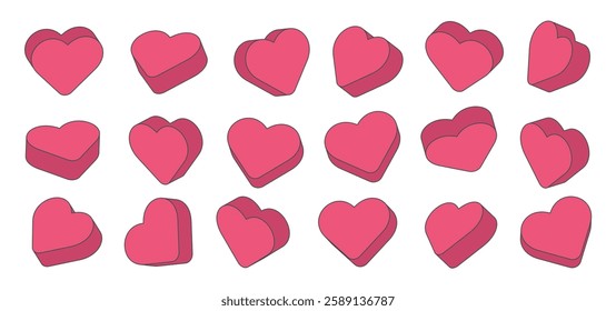 Sweet heart shape candy set. Set of heart-shaped volume icons. Valentines day concept. Pink color bundle. Isolated on white background. Romantic element collection. Flat line vector.