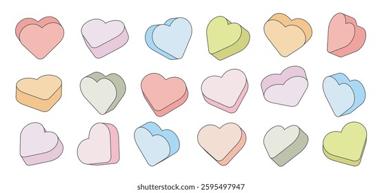 Sweet heart shape candy set. Set of heart-shaped volume icons. Valentines day concept. Colorful element collection. Isolated on white background. Romantic element collection. Flat line vector.