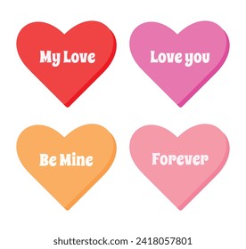 Sweet heart shape sticker set. Valentines day concept. Isolated on white background. Different color bundle. Conversation, Love text. Romantic colorful element collection. Flat vector illustration.