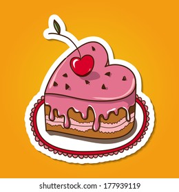 Sweet heart shaped cake. Paper sticker imitation. Vector card concept. Romantic tender design
