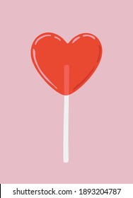 Sweet Heart Shaped Lollipop Candy on Pink Background. Simple Hand Drawn Vector Illustration. Perfect As Wall Art, Valentines Gift Card, Poster Or Invitation.