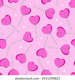 Sweet heart shaped lollipop pink aesthetic vector seamless pattern. Saint Valentines Day romantic love background.