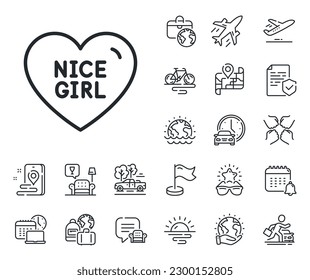 Sweet heart sign. Plane jet, travel map and baggage claim outline icons. Nice girl line icon. Valentine day love symbol. Nice girl line sign. Car rental, taxi transport icon. Place location. Vector