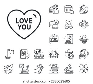 Sweet heart sign. Plane jet, travel map and baggage claim outline icons. Love you line icon. Valentine day symbol. Love you line sign. Car rental, taxi transport icon. Place location. Vector