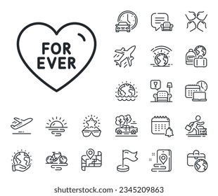 Sweet heart sign. Plane jet, travel map and baggage claim outline icons. For ever line icon. Valentine day love symbol. For ever line sign. Car rental, taxi transport icon. Place location. Vector