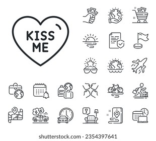 Sweet heart sign. Plane jet, travel map and baggage claim outline icons. Kiss me line icon. Valentine day love symbol. Kiss me line sign. Car rental, taxi transport icon. Place location. Vector