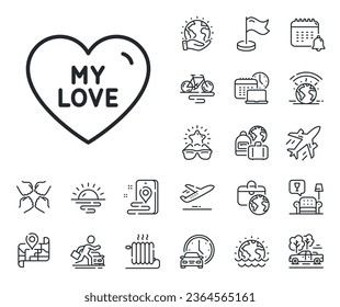 Sweet heart sign. Plane jet, travel map and baggage claim outline icons. My love line icon. Valentine day symbol. My love line sign. Car rental, taxi transport icon. Place location. Vector