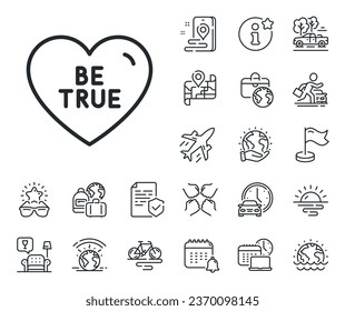 Sweet heart sign. Plane jet, travel map and baggage claim outline icons. Be true line icon. Valentine day love symbol. Be true line sign. Car rental, taxi transport icon. Place location. Vector
