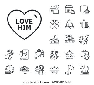 Sweet heart sign. Plane jet, travel map and baggage claim outline icons. Love him line icon. Valentine day symbol. Love him line sign. Car rental, taxi transport icon. Place location. Vector