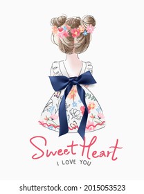 sweet heart slogan with little girl in flower dress and floral crown vector illustration