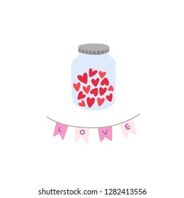 Sweet hearts in bottle jar cute vector illustration for Valentine's cards design. Wedding love concept on white background