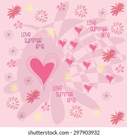 Sweet hearts with flowers and curls vector illustration, text "Love Summer Time"