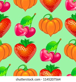 Sweet Hearts seamless pattern. Strawberry, Cherry and Pumpkin. Use it as a background or a print